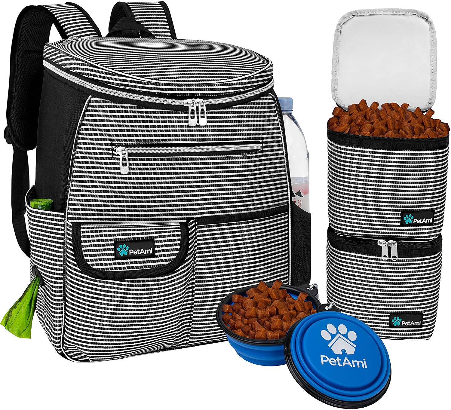 Dog Travel Backpack, 27L Airline-Approved Pet Supplies Organizer with Food Containers, Collapsible Bowls, and Poop Bag Dispenser - Ideal for Weekend Road Trips and Camping, Black Stripe Design