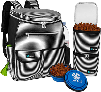 Dog Travel Backpack, 27L Airline-Approved Pet Supplies Organizer with Food Containers, Collapsible Bowls, and Poop Bag Dispenser - Ideal for Weekend Road Trips and Camping, Black Stripe Design