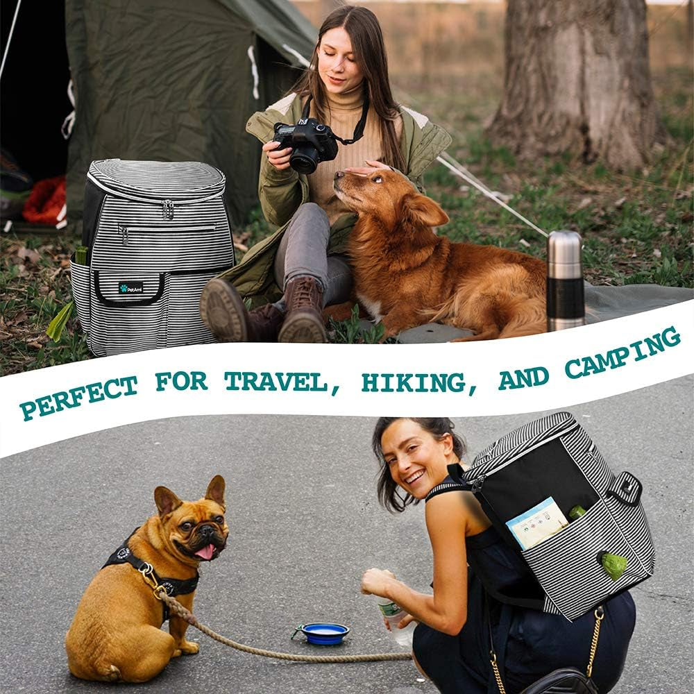 Dog Travel Backpack, 27L Airline-Approved Pet Supplies Organizer with Food Containers, Collapsible Bowls, and Poop Bag Dispenser - Ideal for Weekend Road Trips and Camping, Black Stripe Design