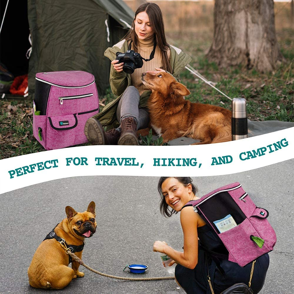 Dog Travel Backpack, 27L Airline-Approved Pet Supplies Organizer with Food Containers, Collapsible Bowls & Poop Bag Dispenser - Ideal for Weekend Road Trips and Camping, Pink
