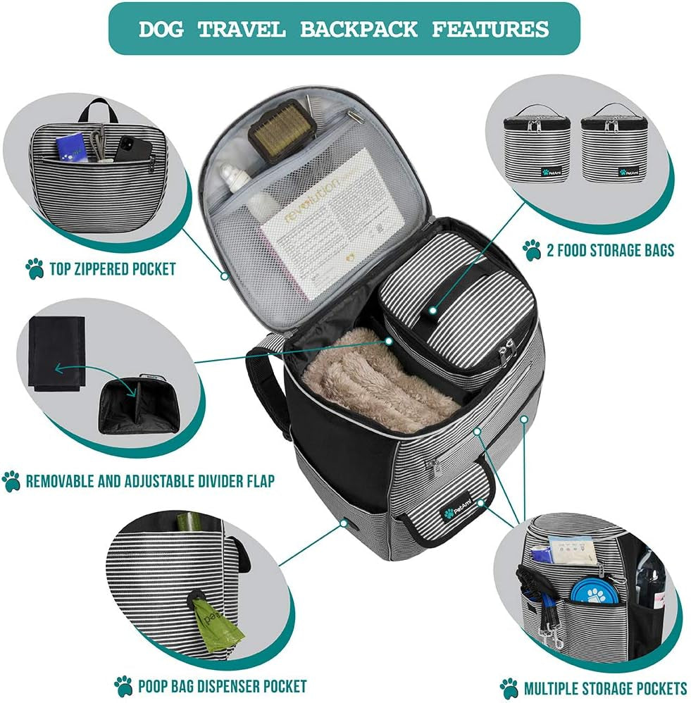Dog Travel Backpack, 27L Airline-Approved Pet Supplies Organizer with Food Containers, Collapsible Bowls, and Poop Bag Dispenser - Ideal for Weekend Road Trips and Camping, Black Stripe Design