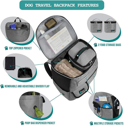 Dog Travel Backpack, 27L Airline-Approved Pet Supplies Organizer with Food Containers, Collapsible Bowls, and Poop Bag Dispenser - Ideal for Weekend Road Trips and Camping, Black Stripe Design