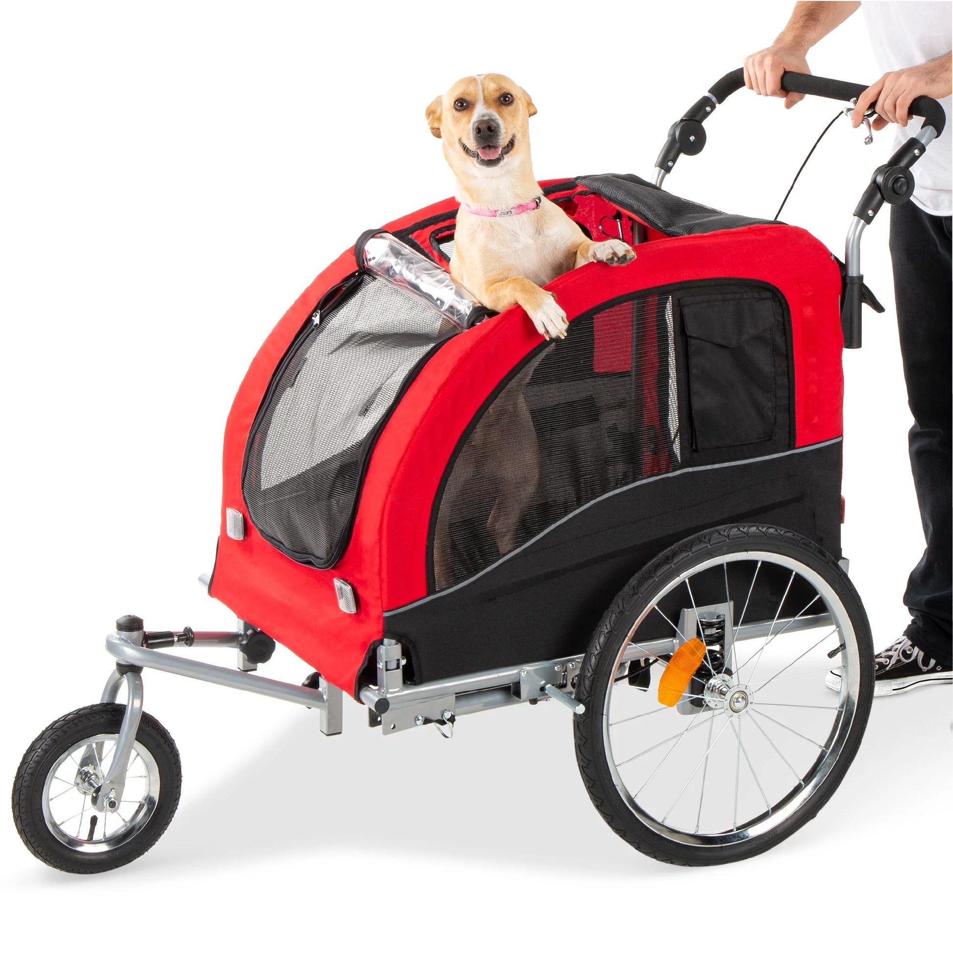 2-in-1 Dog Bike Trailer and Pet Stroller with Hitch, Brakes, Visibility Flag, and Reflector