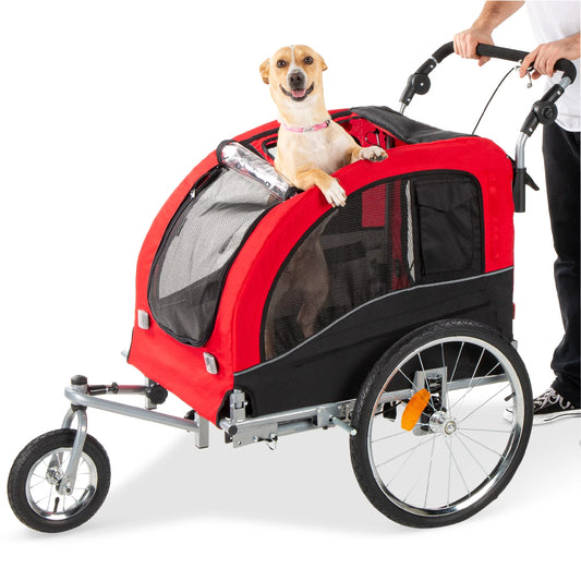 2-in-1 Dog Bike Trailer and Pet Stroller with Hitch, Brakes, Visibility Flag, and Reflector