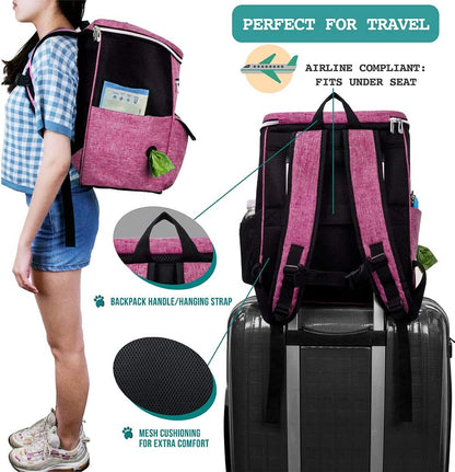 Dog Travel Backpack, 27L Airline-Approved Pet Supplies Organizer with Food Containers, Collapsible Bowls & Poop Bag Dispenser - Ideal for Weekend Road Trips and Camping, Pink