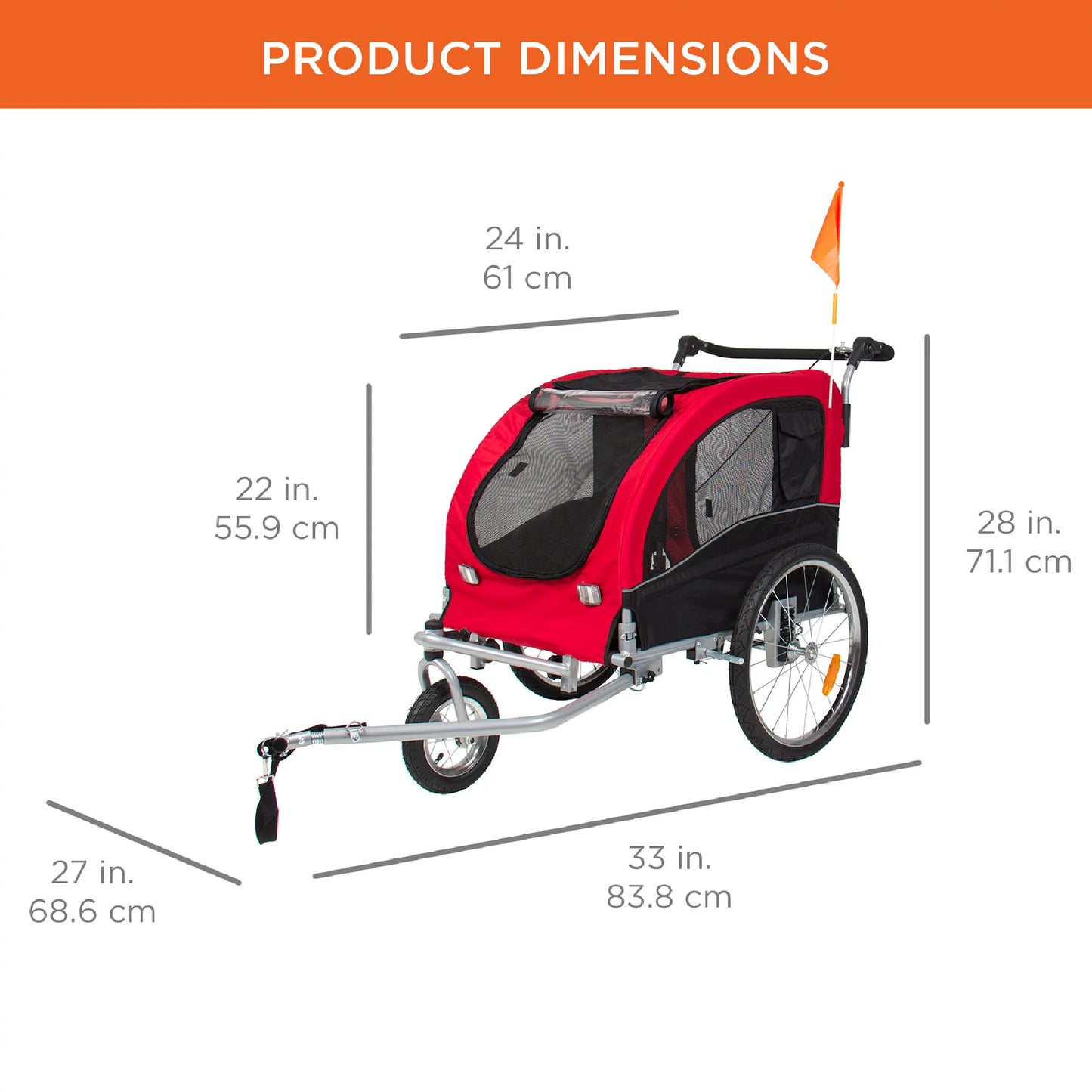 2-in-1 Dog Bike Trailer and Pet Stroller with Hitch, Brakes, Visibility Flag, and Reflector