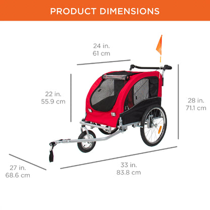 2-in-1 Dog Bike Trailer and Pet Stroller with Hitch, Brakes, Visibility Flag, and Reflector