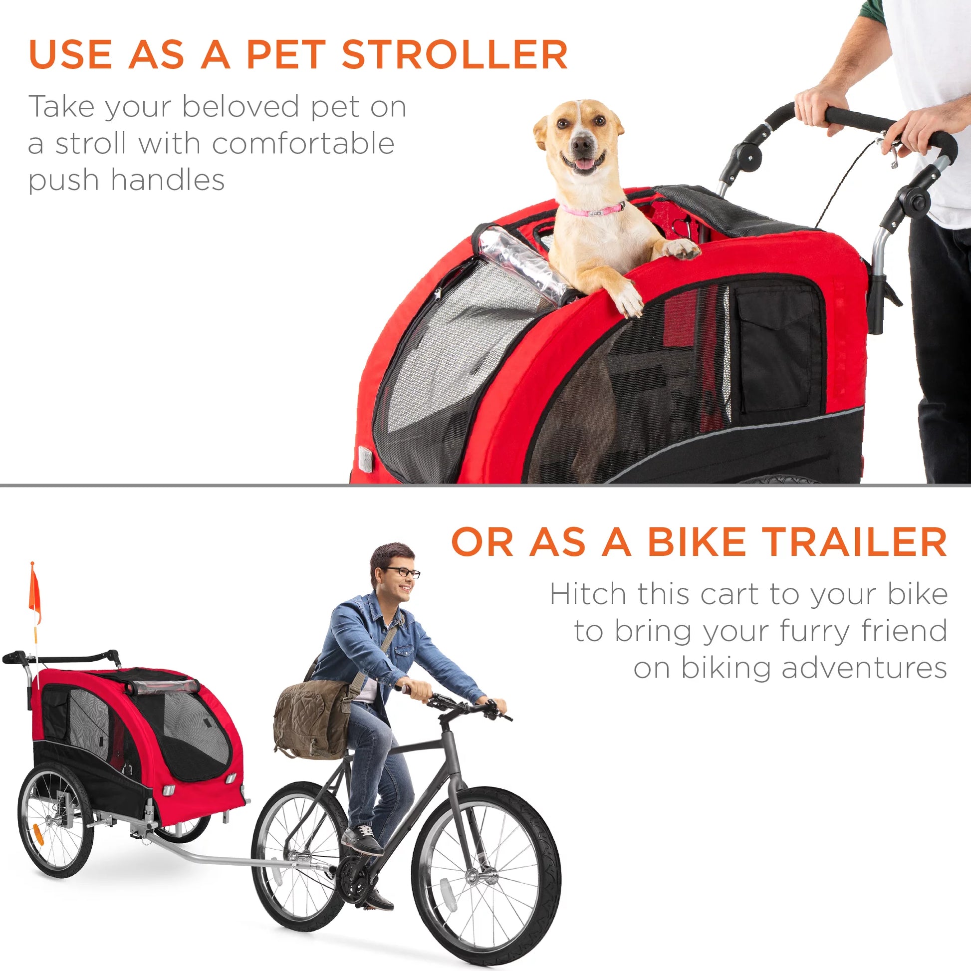 2-in-1 Dog Bike Trailer and Pet Stroller with Hitch, Brakes, Visibility Flag, and Reflector