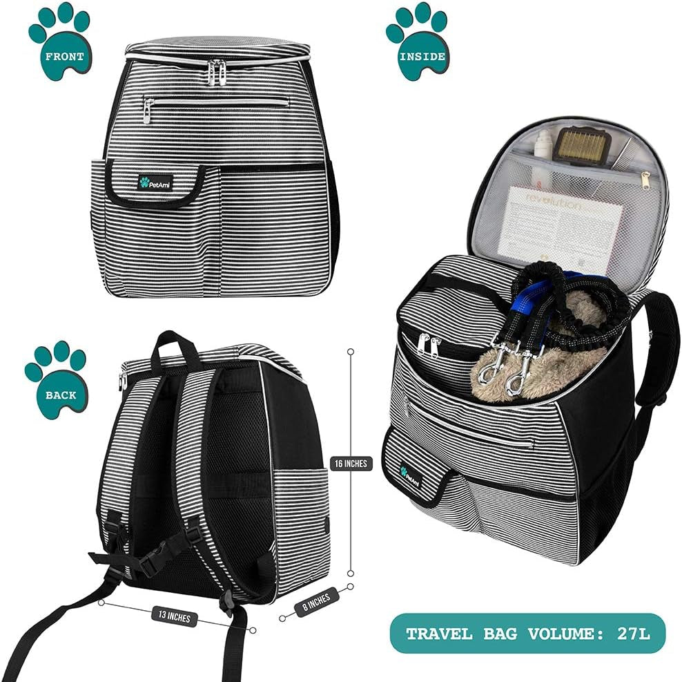 Dog Travel Backpack, 27L Airline-Approved Pet Supplies Organizer with Food Containers, Collapsible Bowls, and Poop Bag Dispenser - Ideal for Weekend Road Trips and Camping, Black Stripe Design