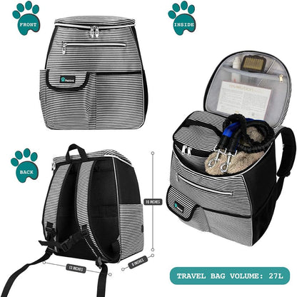 Dog Travel Backpack, 27L Airline-Approved Pet Supplies Organizer with Food Containers, Collapsible Bowls, and Poop Bag Dispenser - Ideal for Weekend Road Trips and Camping, Black Stripe Design