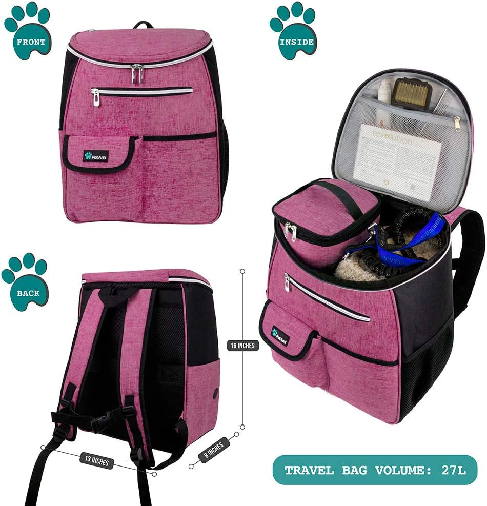 Dog Travel Backpack, 27L Airline-Approved Pet Supplies Organizer with Food Containers, Collapsible Bowls & Poop Bag Dispenser - Ideal for Weekend Road Trips and Camping, Pink