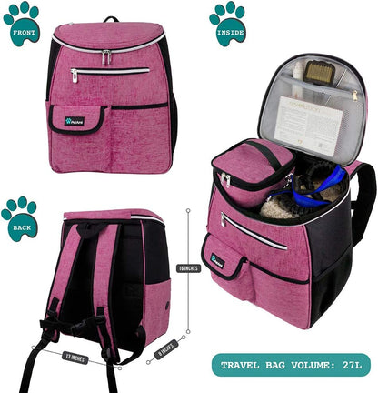 Dog Travel Backpack, 27L Airline-Approved Pet Supplies Organizer with Food Containers, Collapsible Bowls & Poop Bag Dispenser - Ideal for Weekend Road Trips and Camping, Pink