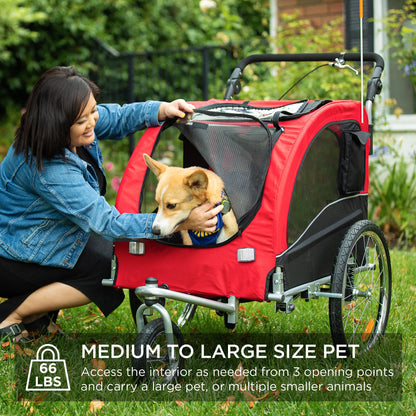 2-in-1 Dog Bike Trailer and Pet Stroller with Hitch, Brakes, Visibility Flag, and Reflector