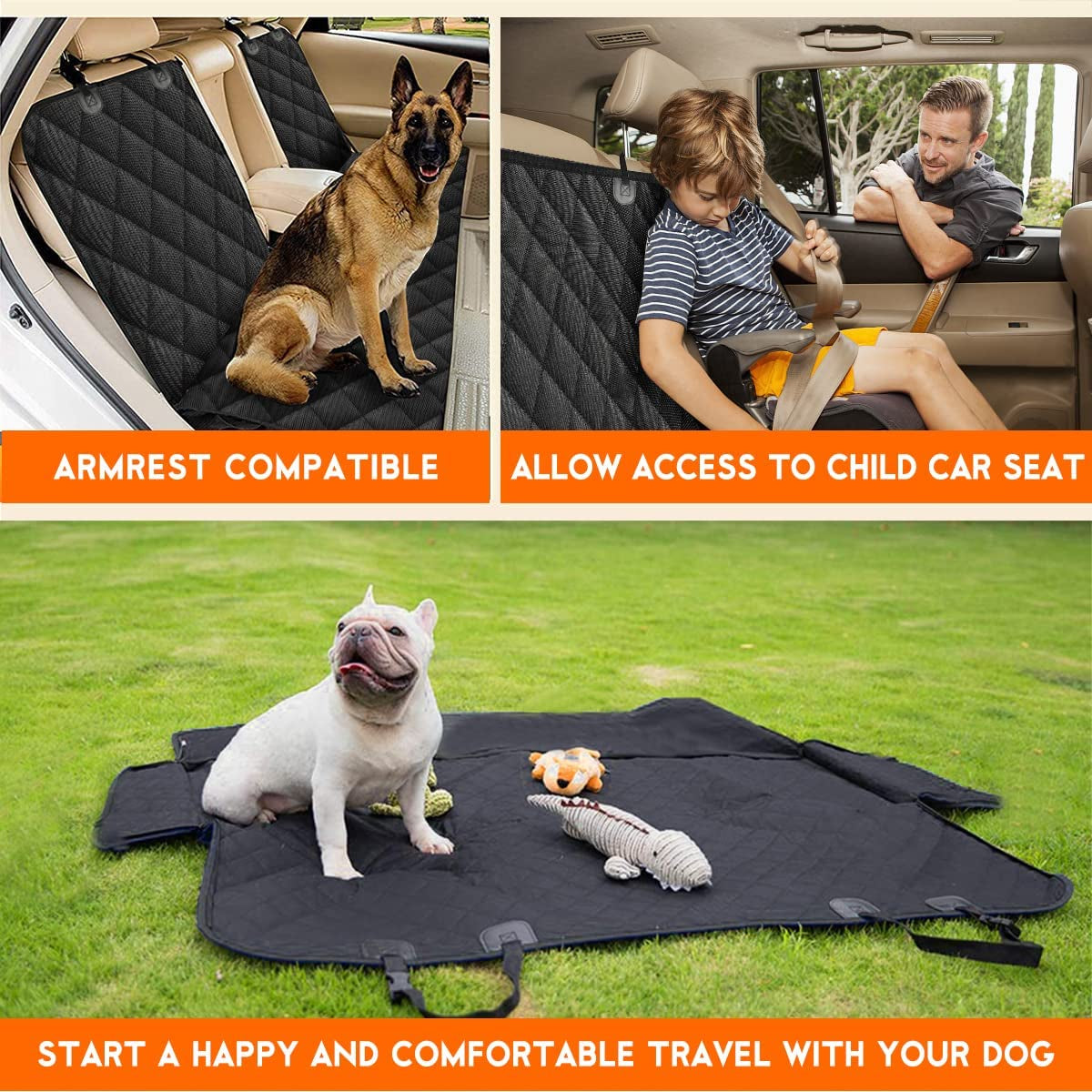 Premium Waterproof Dog Car Seat Cover - Universal Fit for Back Seat, Non-Slip Design with Middle Armrest Compatibility for Cars, SUVs, and Trucks - Black