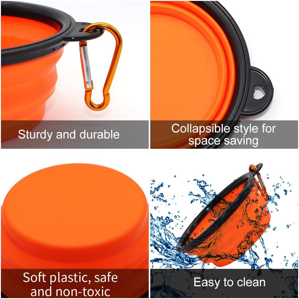 Collapsible Dog Bowls - 2 Pack Portable Pet Feeding and Watering Dishes with Carabiners (Small, Orange and Pink)