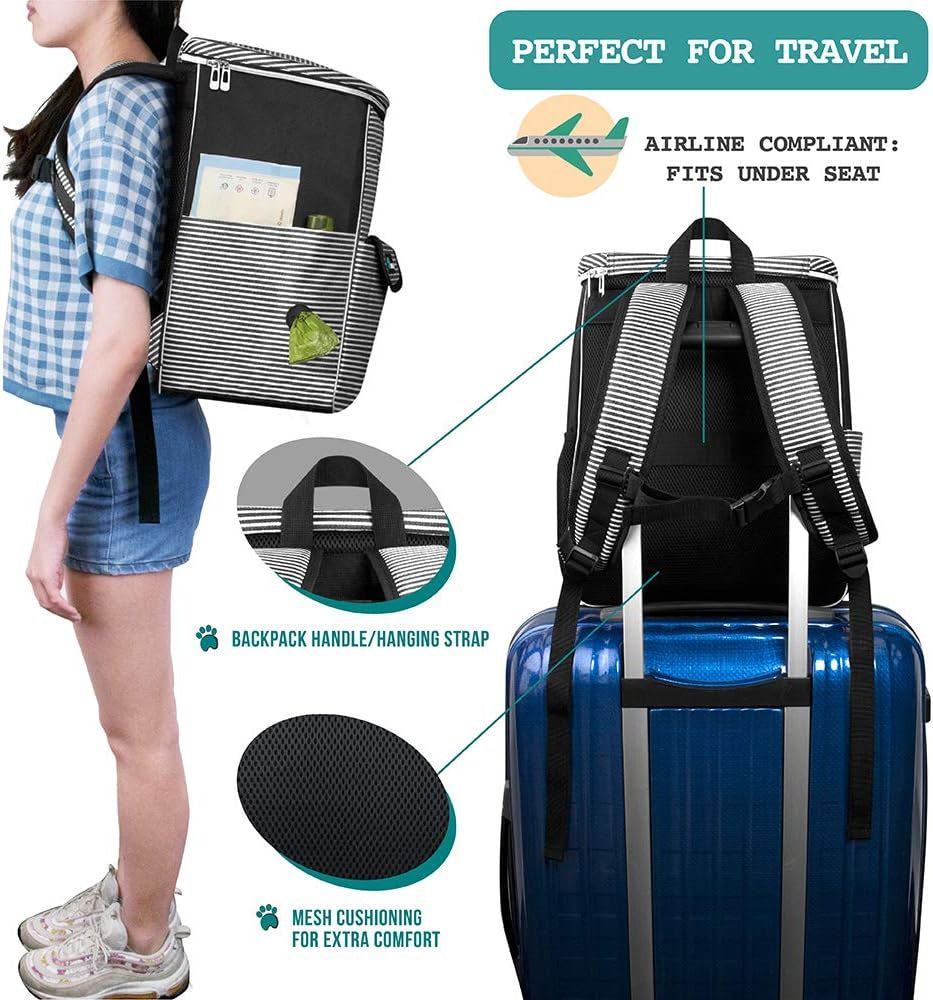 Dog Travel Backpack, 27L Airline-Approved Pet Supplies Organizer with Food Containers, Collapsible Bowls, and Poop Bag Dispenser - Ideal for Weekend Road Trips and Camping, Black Stripe Design