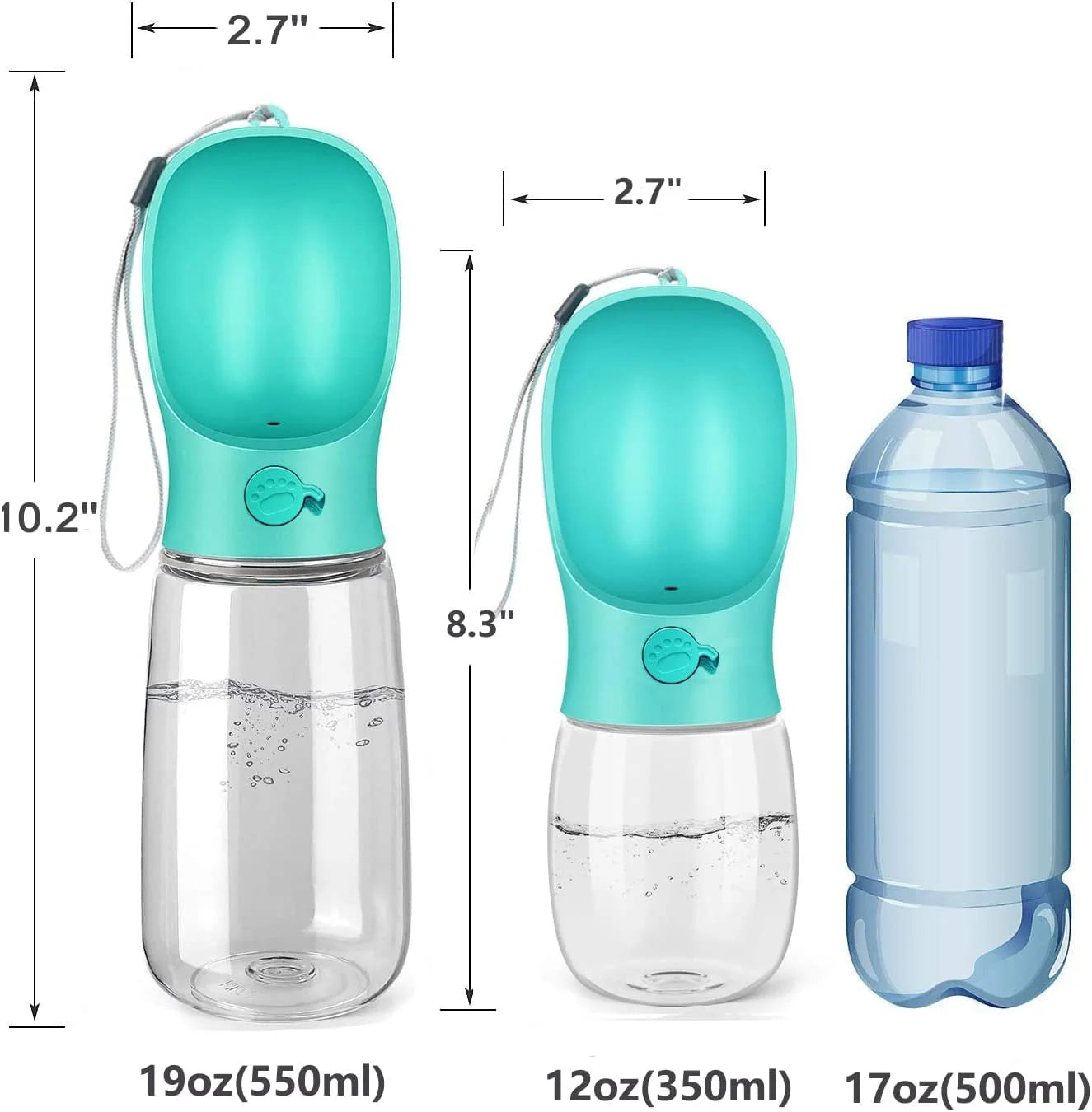 8.3 x 2.5-Inch Portable Dog Water Bottle, 12 oz Leak-Proof Dispenser with Drinking Feeder for Outdoor Activities, Food Grade Plastic - Blue