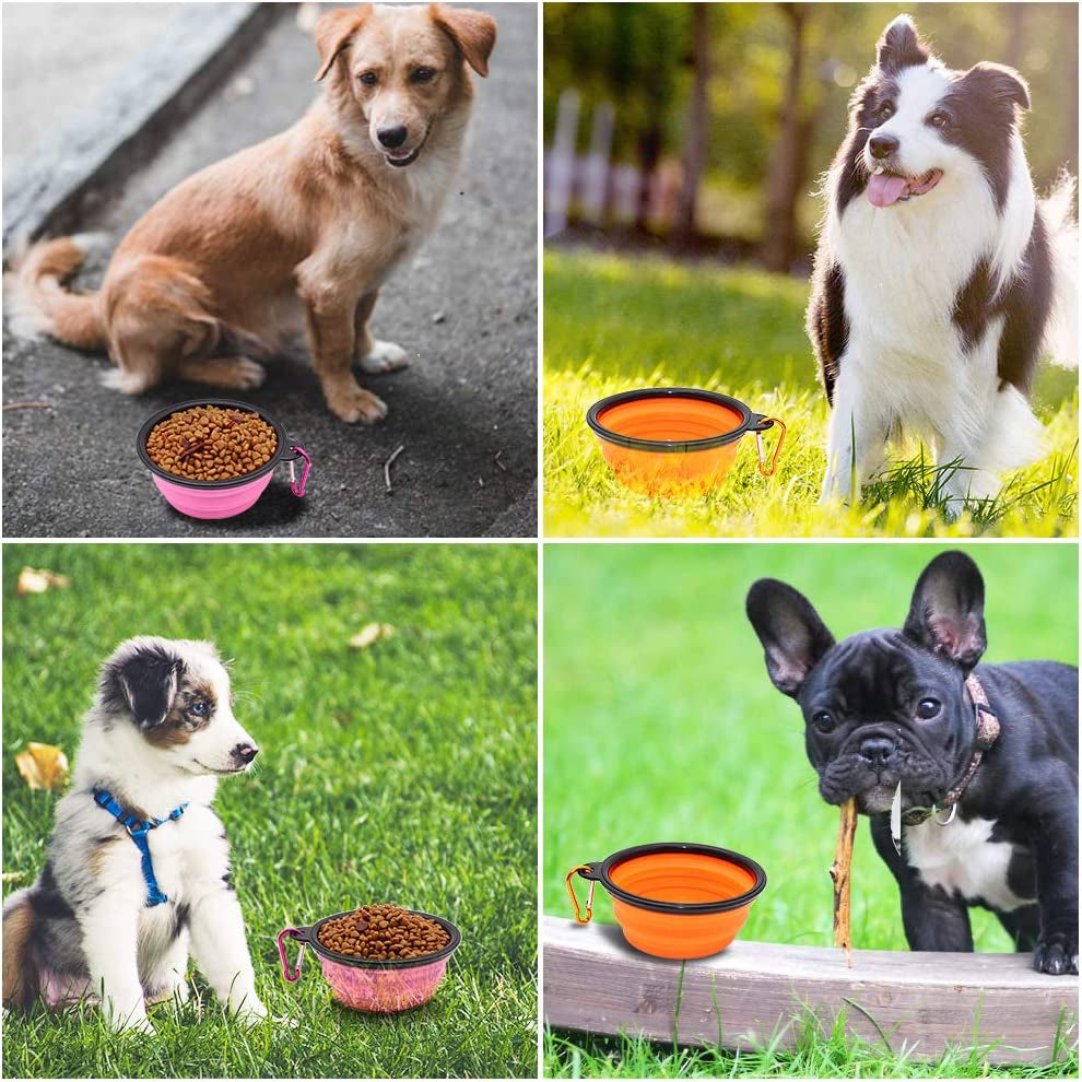 Collapsible Dog Bowls - 2 Pack Portable Pet Feeding and Watering Dishes with Carabiners (Small, Orange and Pink)