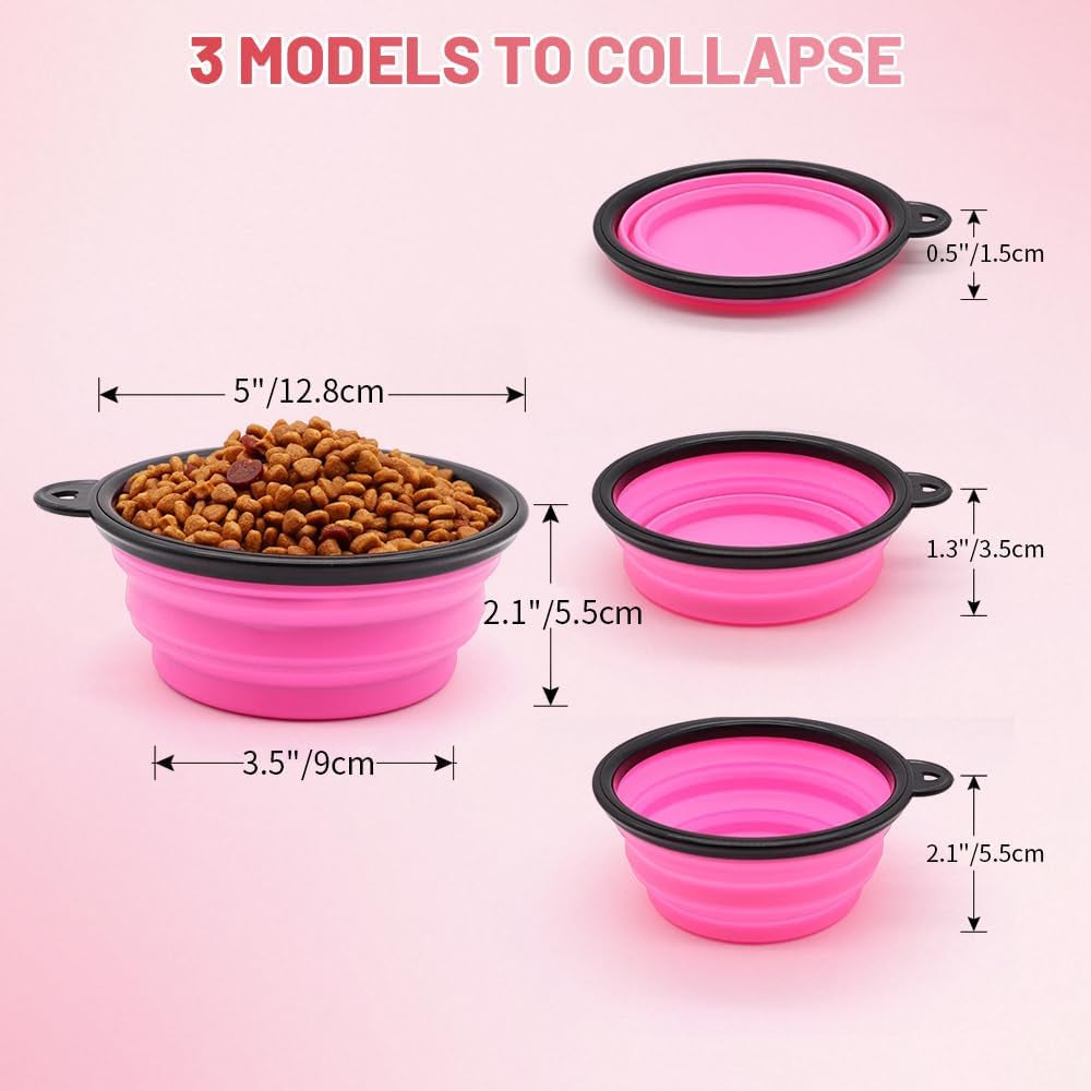 Collapsible Dog Bowls - 2 Pack Portable Pet Feeding and Watering Dishes with Carabiners (Small, Orange and Pink)
