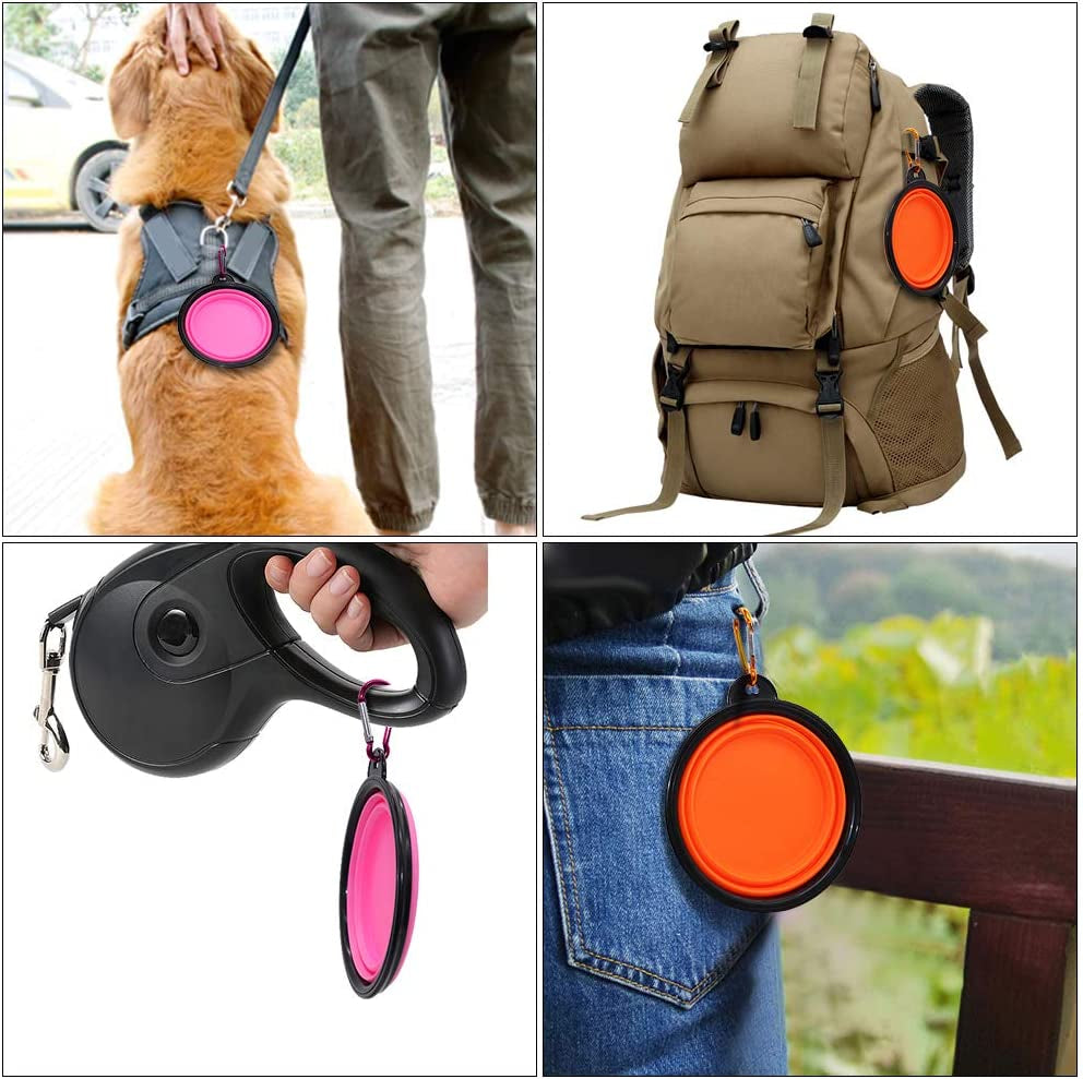 Collapsible Dog Bowls - 2 Pack Portable Pet Feeding and Watering Dishes with Carabiners (Small, Orange and Pink)