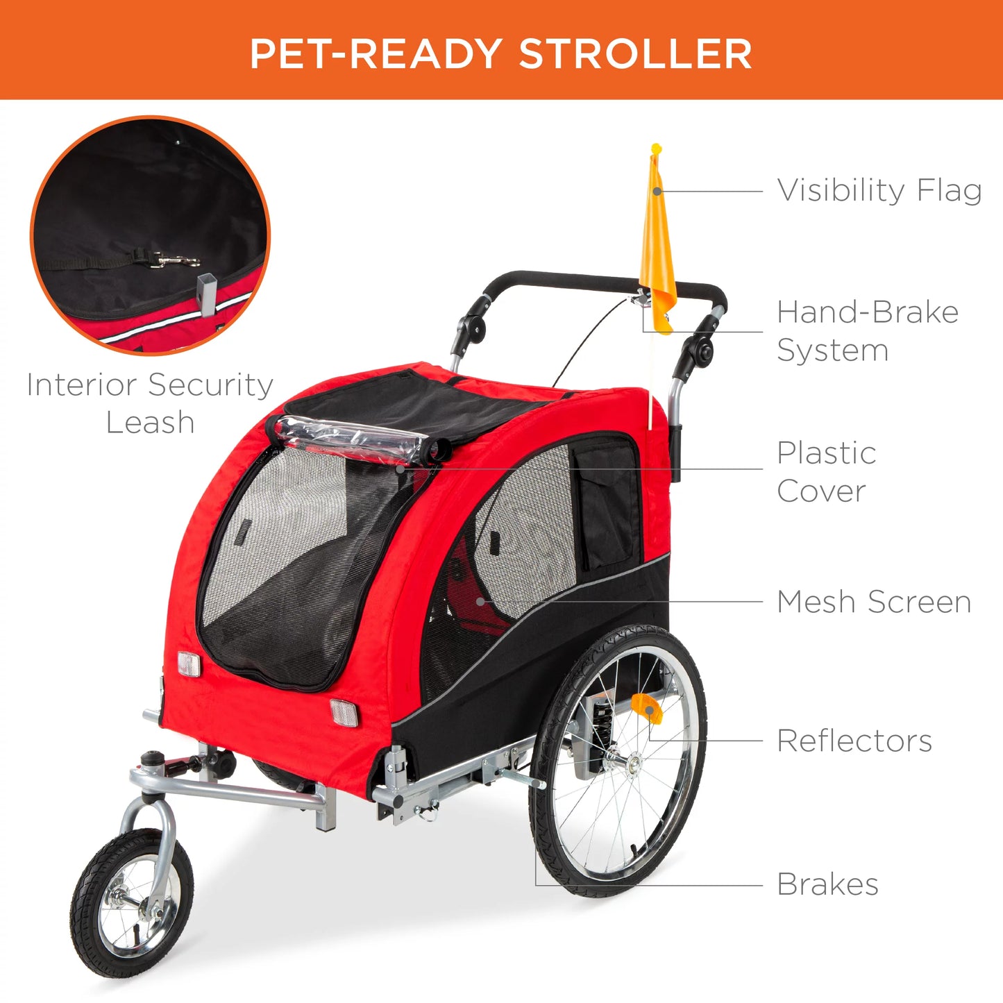 2-in-1 Dog Bike Trailer and Pet Stroller with Hitch, Brakes, Visibility Flag, and Reflector
