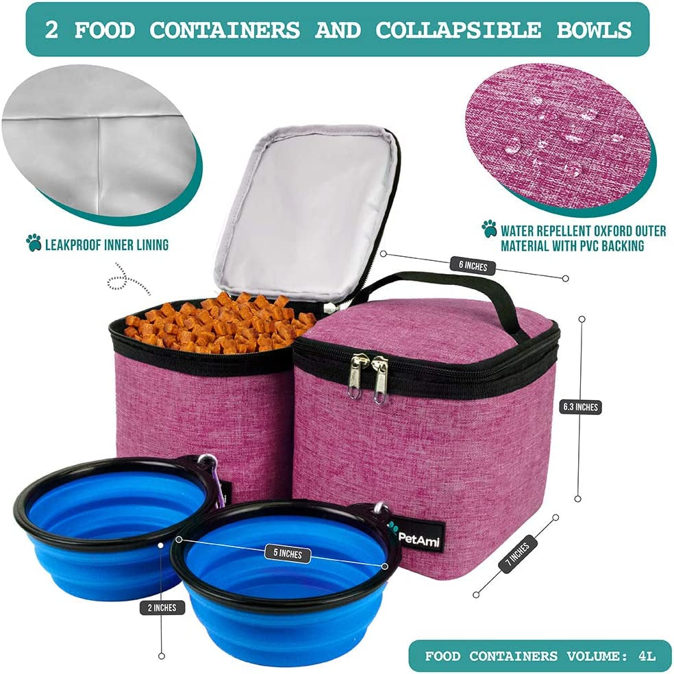 Dog Travel Backpack, 27L Airline-Approved Pet Supplies Organizer with Food Containers, Collapsible Bowls & Poop Bag Dispenser - Ideal for Weekend Road Trips and Camping, Pink