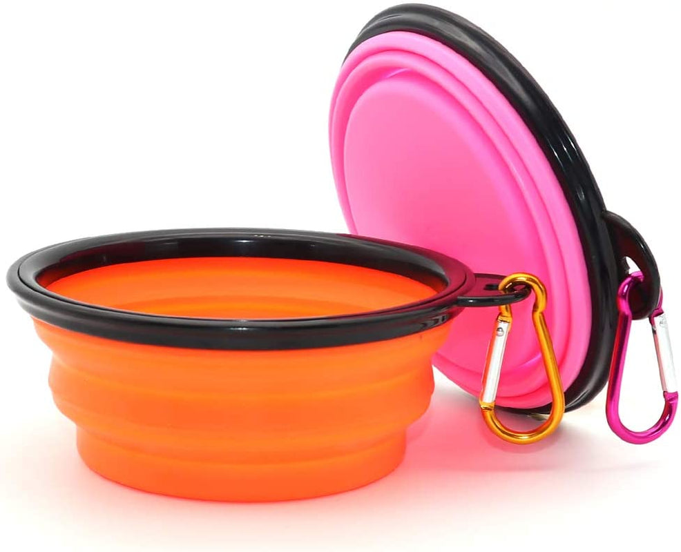 Collapsible Dog Bowls - 2 Pack Portable Pet Feeding and Watering Dishes with Carabiners (Small, Orange and Pink)