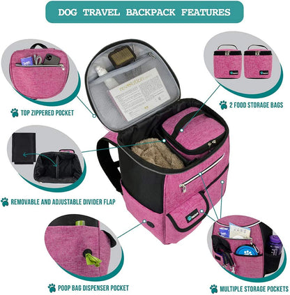 Dog Travel Backpack, 27L Airline-Approved Pet Supplies Organizer with Food Containers, Collapsible Bowls & Poop Bag Dispenser - Ideal for Weekend Road Trips and Camping, Pink