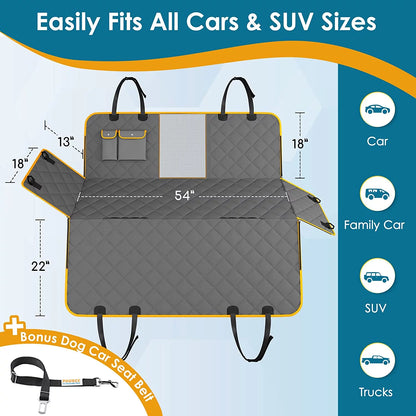 Premium Waterproof Dog Car Seat Cover with Non-Slip Back Seat Hammock, Mesh Window, and Safety Seat Belt
