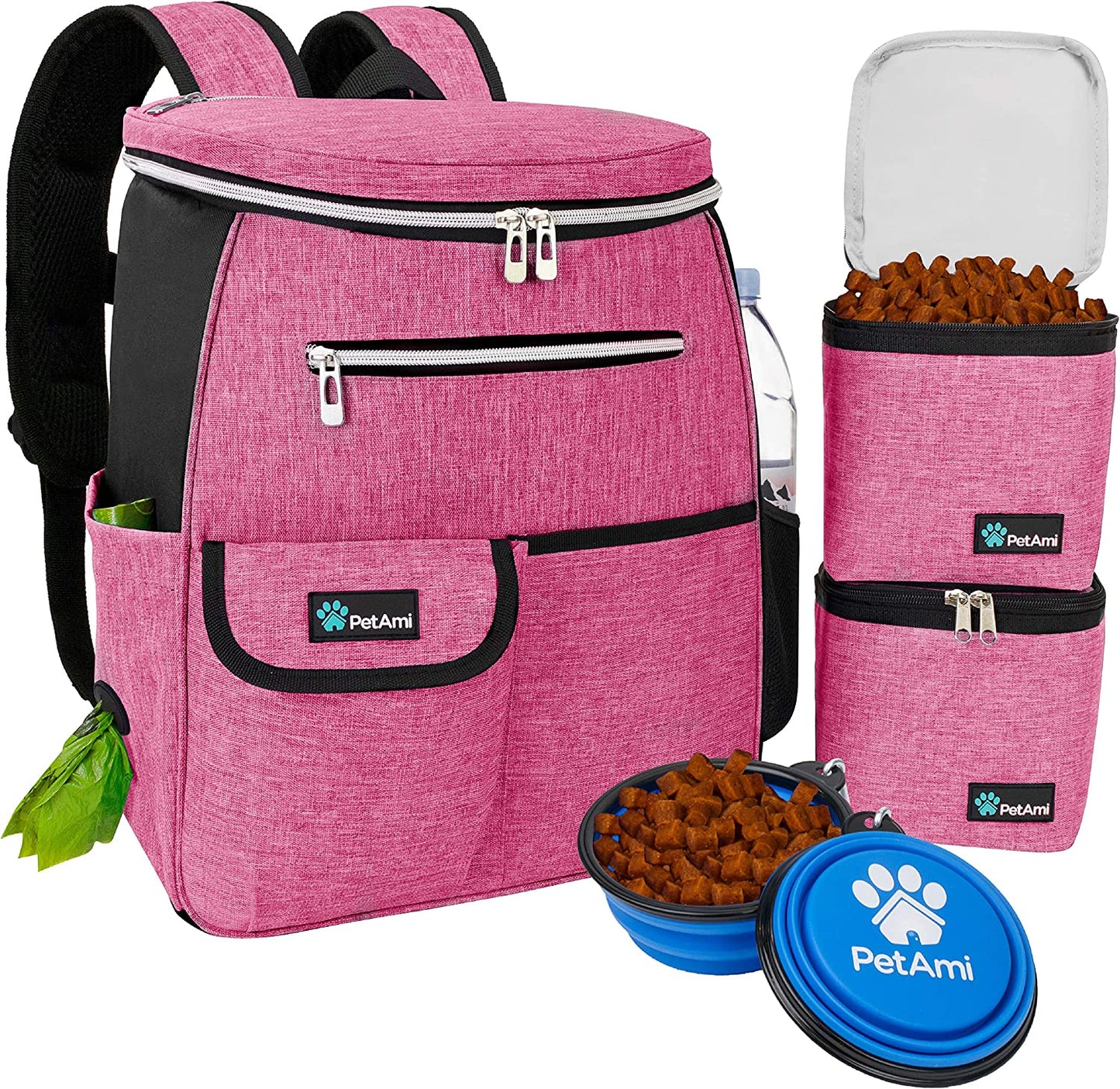 Dog Travel Backpack, 27L Airline-Approved Pet Supplies Organizer with Food Containers, Collapsible Bowls & Poop Bag Dispenser - Ideal for Weekend Road Trips and Camping, Pink