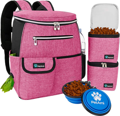 Dog Travel Backpack, 27L Airline-Approved Pet Supplies Organizer with Food Containers, Collapsible Bowls & Poop Bag Dispenser - Ideal for Weekend Road Trips and Camping, Pink